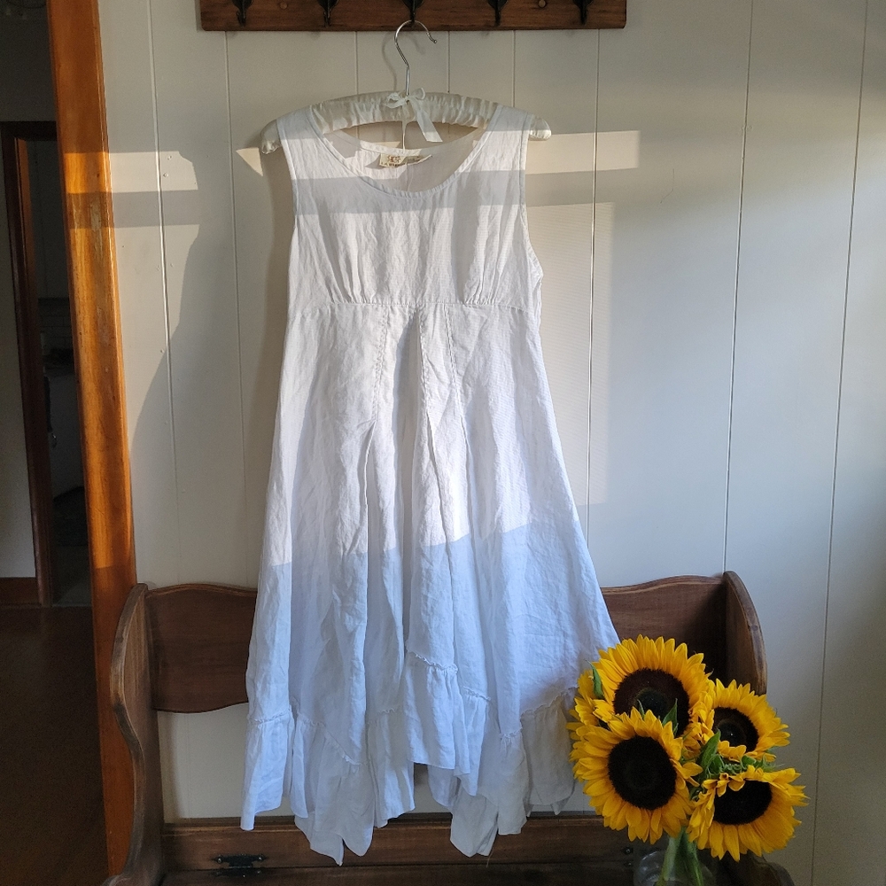 LA BLEND | White Sleeveless Linen Midi Dress With Flowy Skirt SIZE SMALL